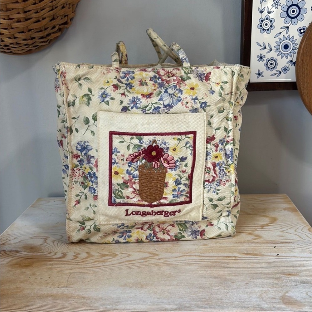 Longaberger Cream Floral Tote Bag